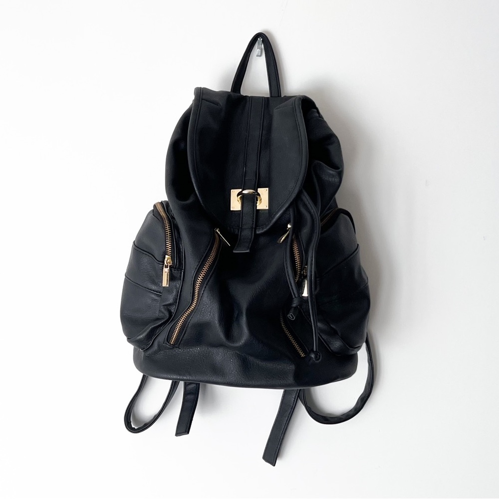 Black Vegan Leather Backpack with Gold Hardware
